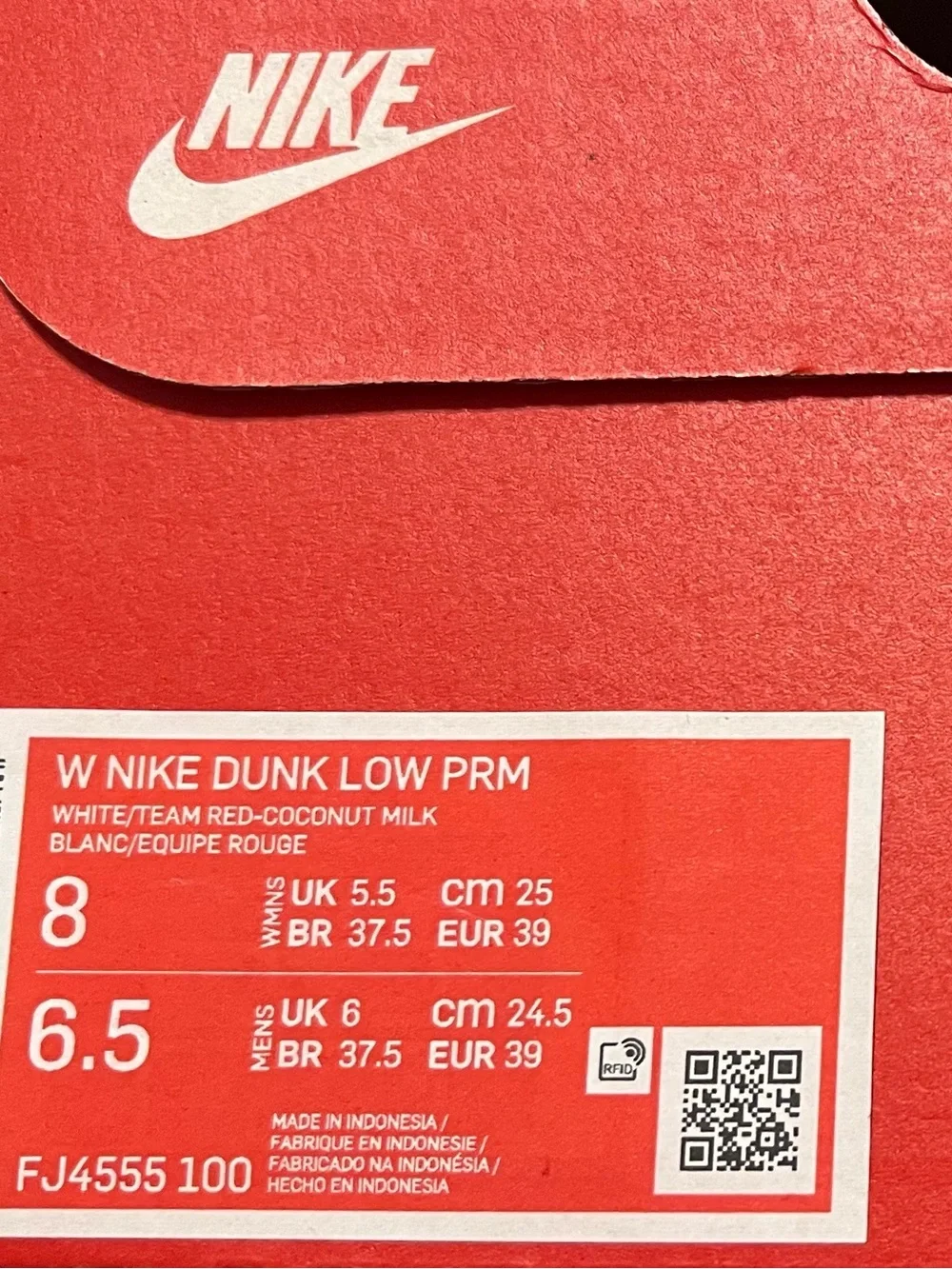 nike dunk low prm   white/team red - coconut milk   size 8 wmns